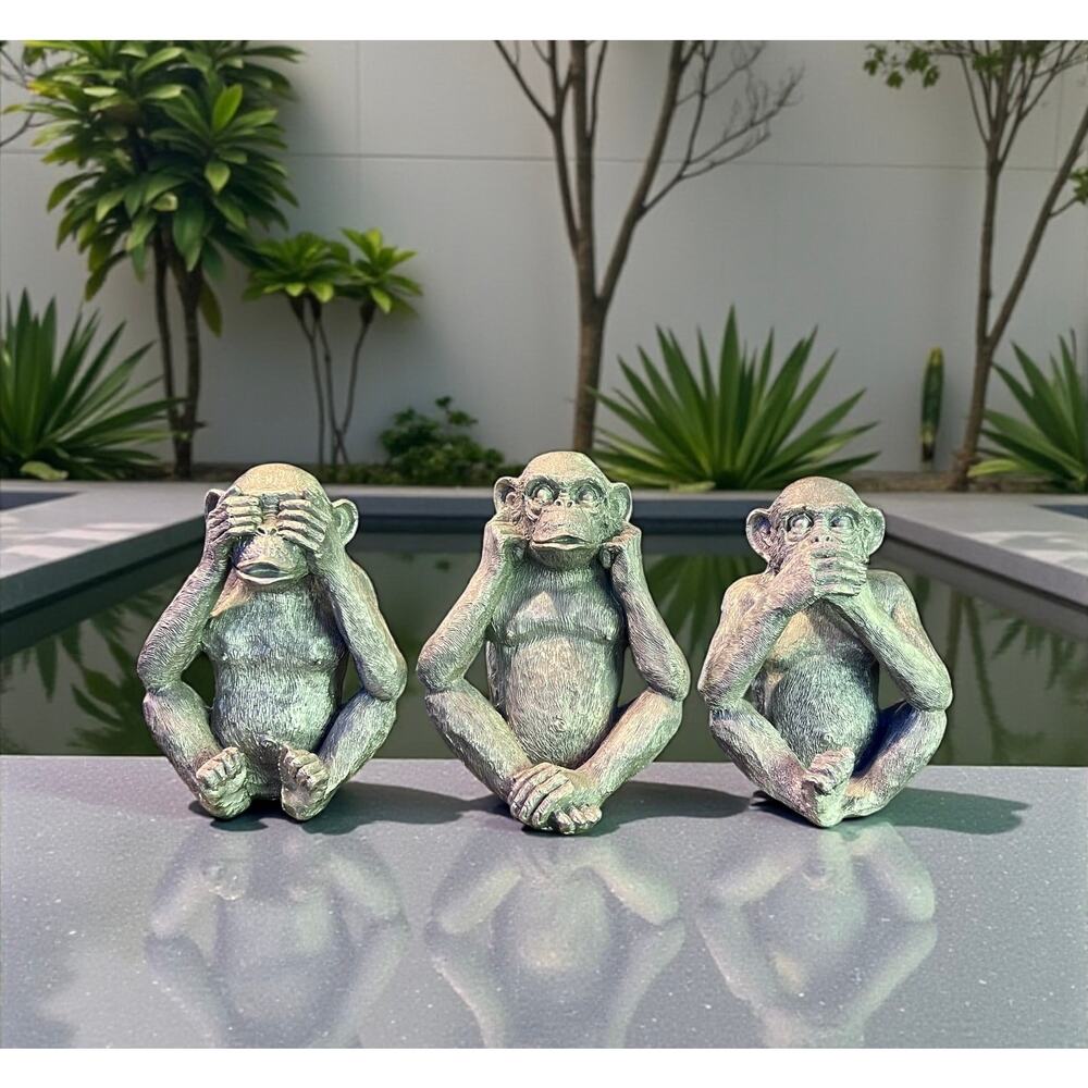 See No Evil Monkey Trio-Hand Carved Wood Figurines-Silver Painted Set-Hear-Speak